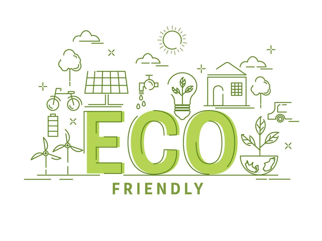 Green Line Art Eco Friendly Elements On White Background. vector