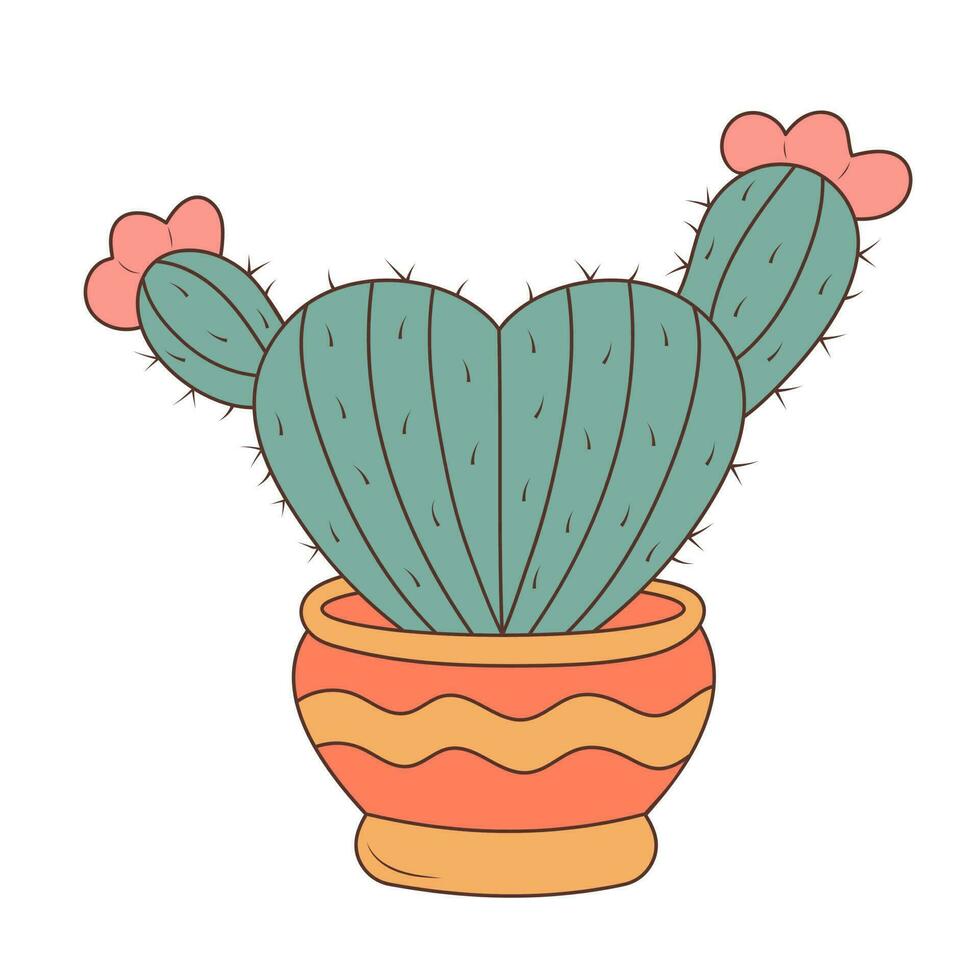 Cute flowering cactus in a pot in the shape of a heart. Hand drawn illustration in doodle style. vector