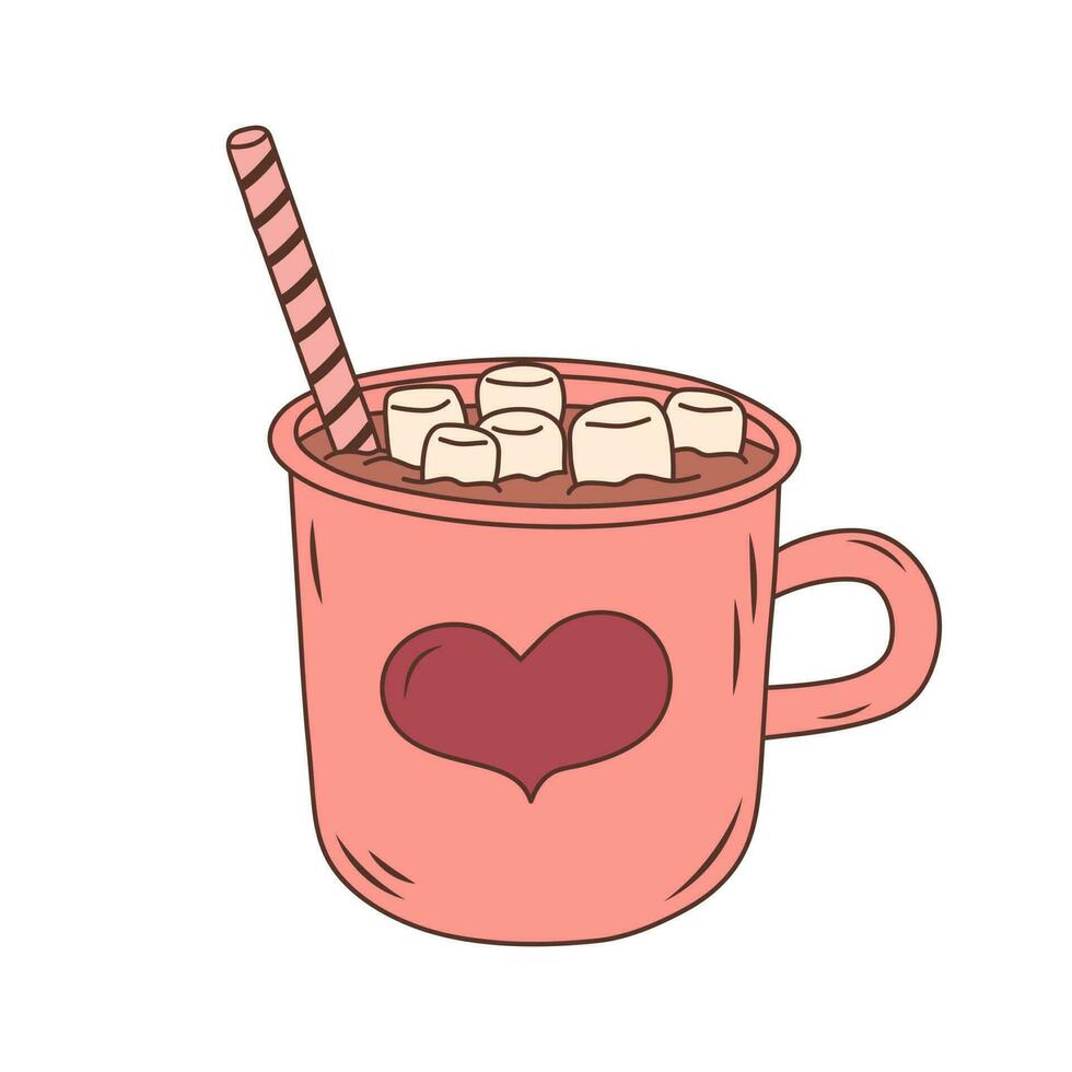 Cozy hygge mug with marshmallow and striped stick. Hand drawn illustration in doodle style. vector