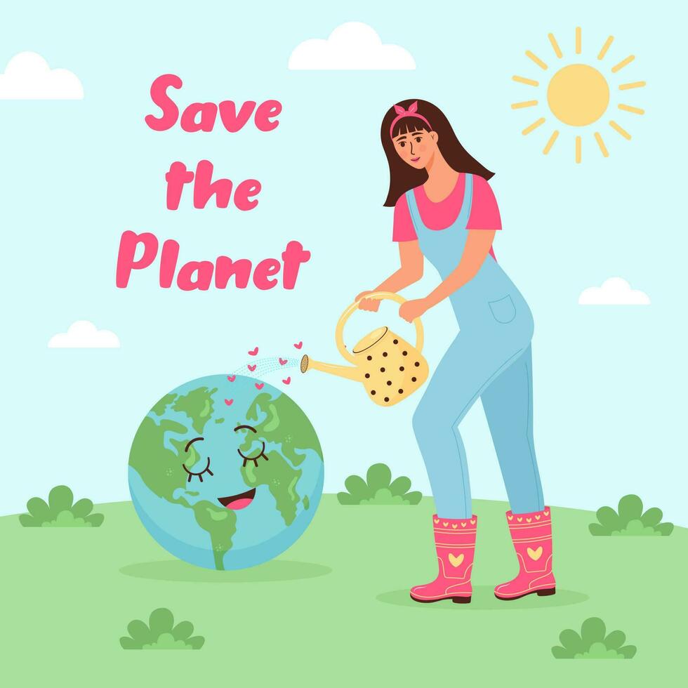 Woman watering little character planet Earth from a watering can. Save the planet text. The problem of fresh water, environmental protection, climate change, Earth day concept. vector