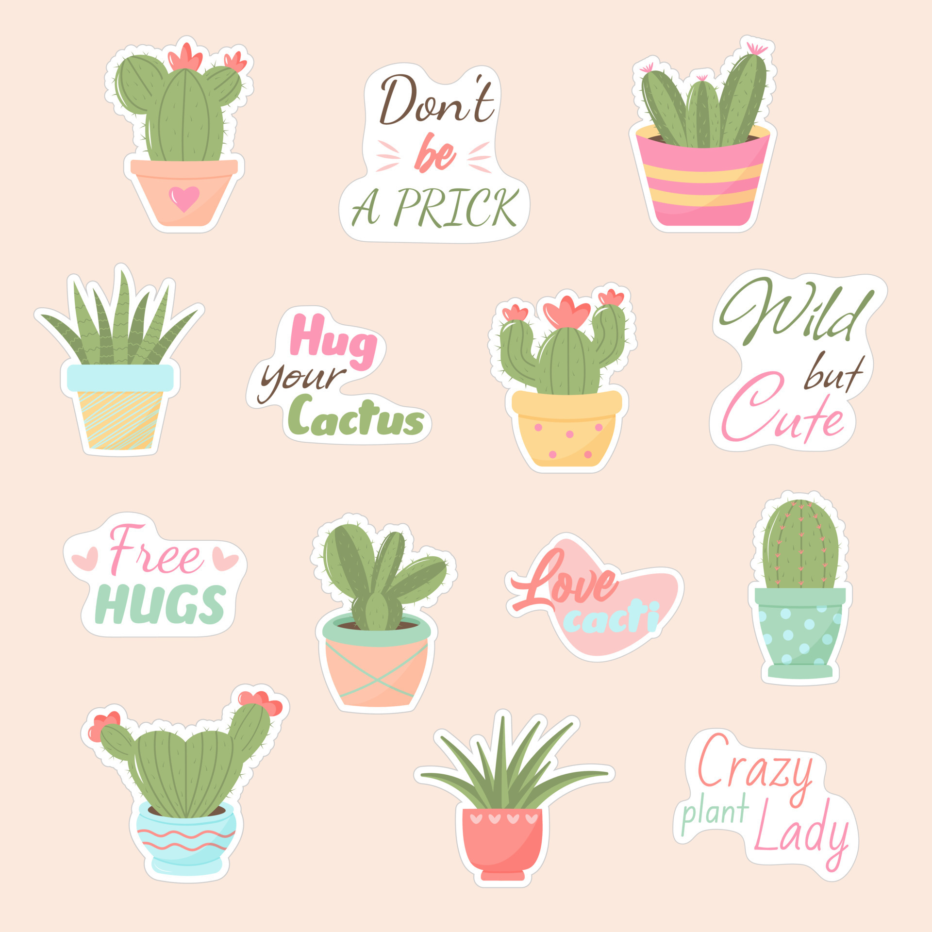 Cute cactuses in pot and quotes sticker set. Trendy pastel colors ...