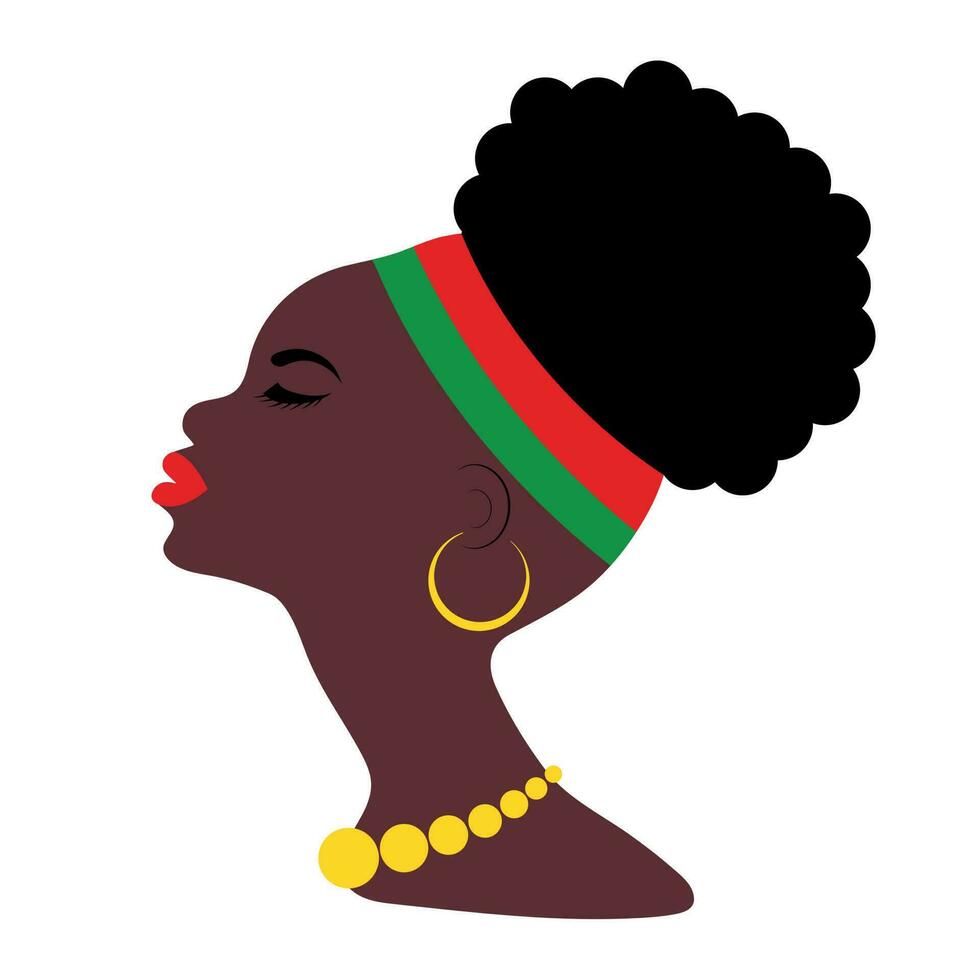 Silhouette of African woman in profile with earrings and beads. Traditional turban hairstyle with a tribal ethnic motif vector