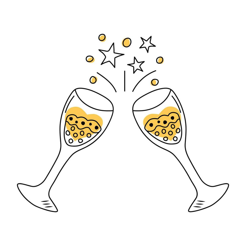Two clinking glasses with champagne in doodle style. Cheers, holiday toast, birthday, party, anniversary concept. vector
