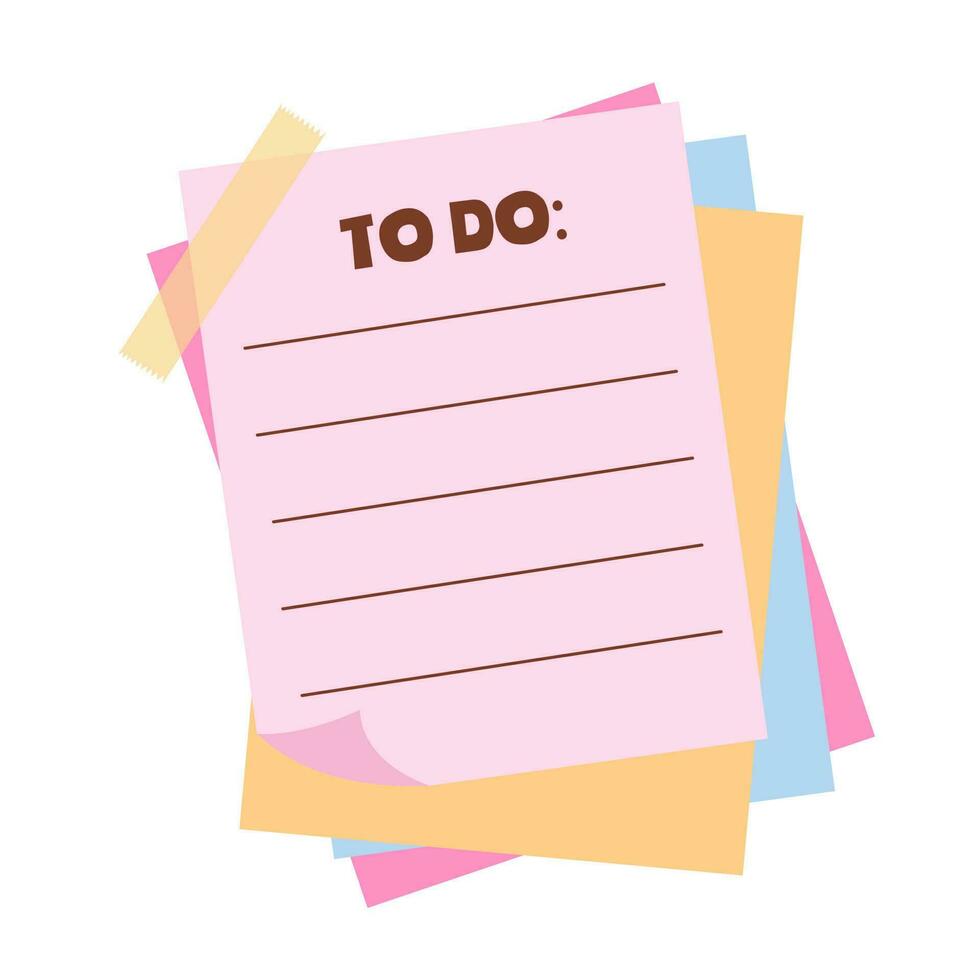 To do list paper sheets with sticky tape. Template for planners, agenda, schedule, checklists, notebooks, cards and other stationery. Planning, office, business, organization of work concept. vector