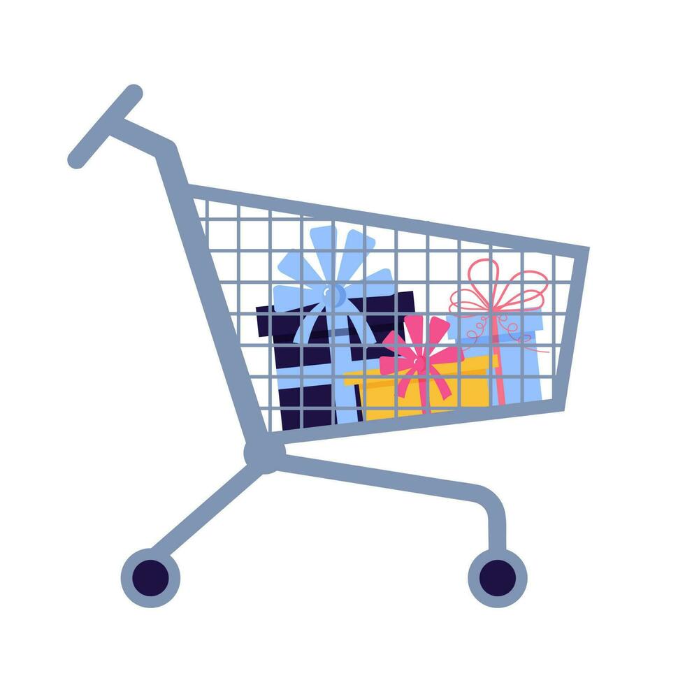 compras carro lleno de regalo cajas compras, adicto a las compras comportamiento, grande rebaja o descuento, día festivo, negro viernes concepto. carretilla dibujos animados plano icono. vector