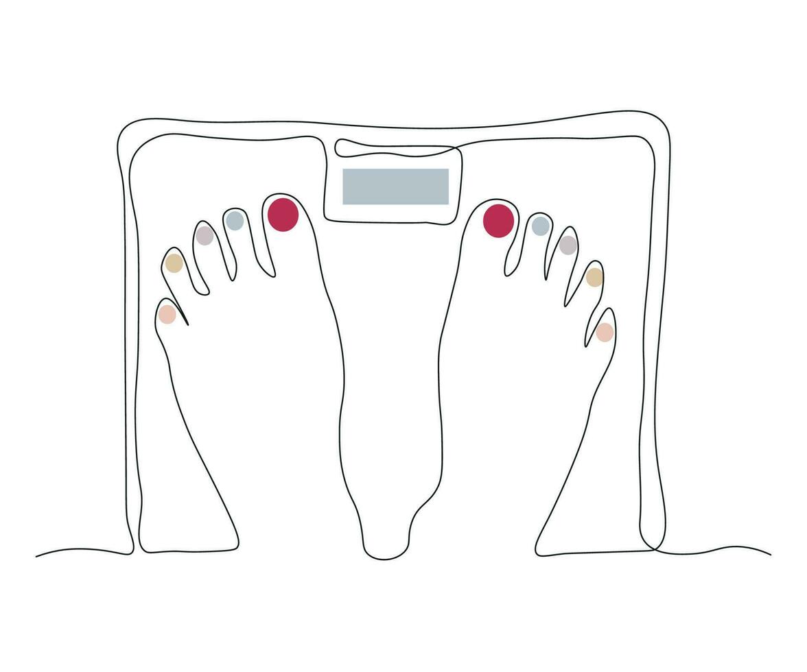 abstract Feet Stand on Floor Scales, Weighing Continuous One Line Drawing vector