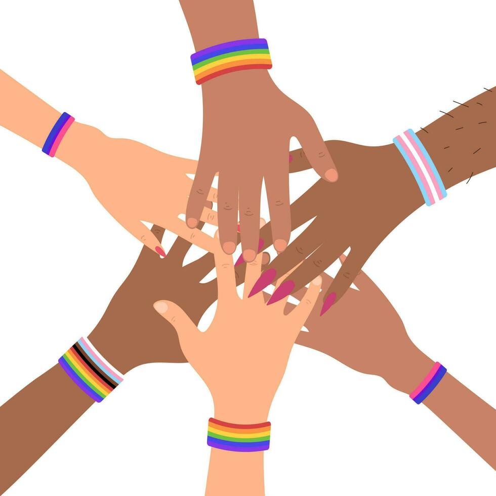 People with different skin tones wearing lgbtq bracelets put their hands together. vector