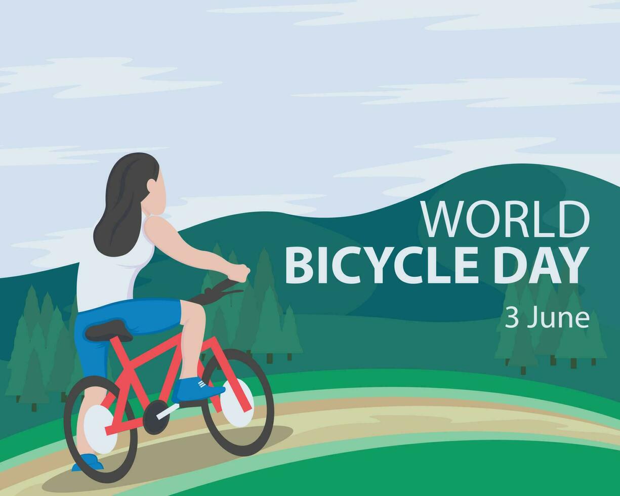 illustration vector graphic of a woman riding a bicycle on a hill road, perfect for international day, world bicycle day, celebrate, greeting card, etc.