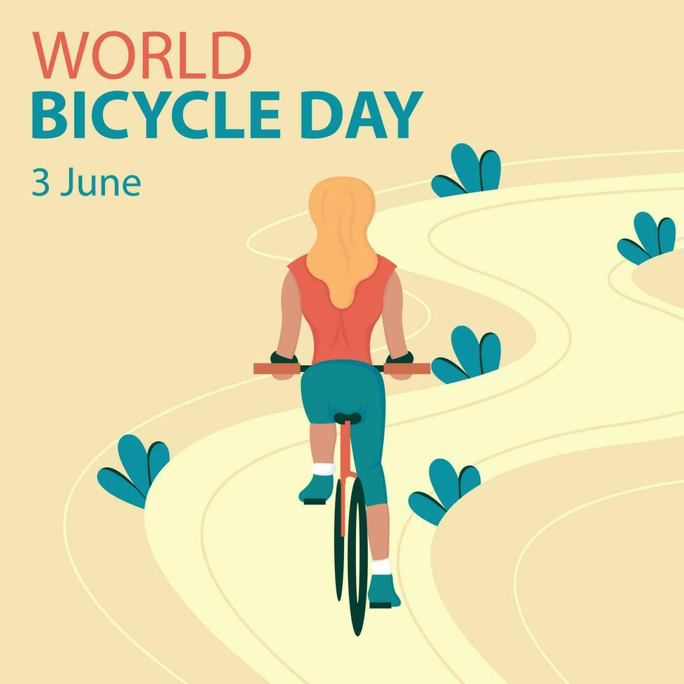 illustration vector graphic of a woman riding a bicycle on a winding road, perfect for international day, world bicycle day, celebrate, greeting card, etc.