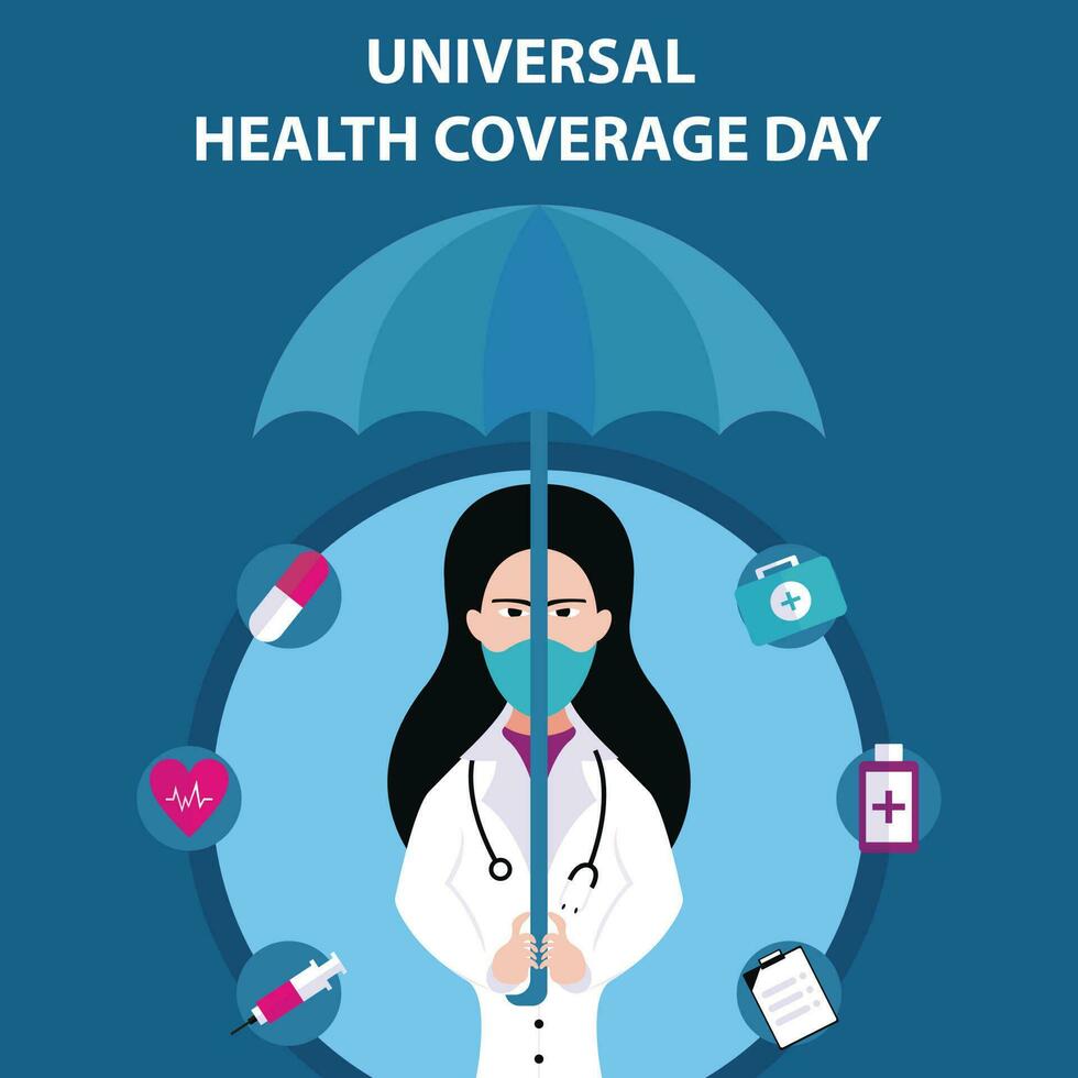 ilustración vector gráfico de un hembra médico participación un paraguas, Perfecto para internacional día, universal salud cobertura día, celebrar, saludo tarjeta, etc.