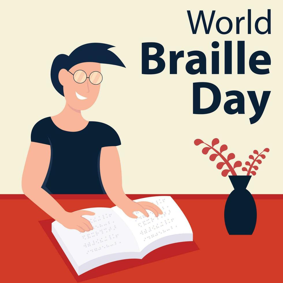 illustration vector graphic of a blind person is reading a book with the braille alphabet on the table, perfect for international day, world braille day, celebrate, greeting card, etc.