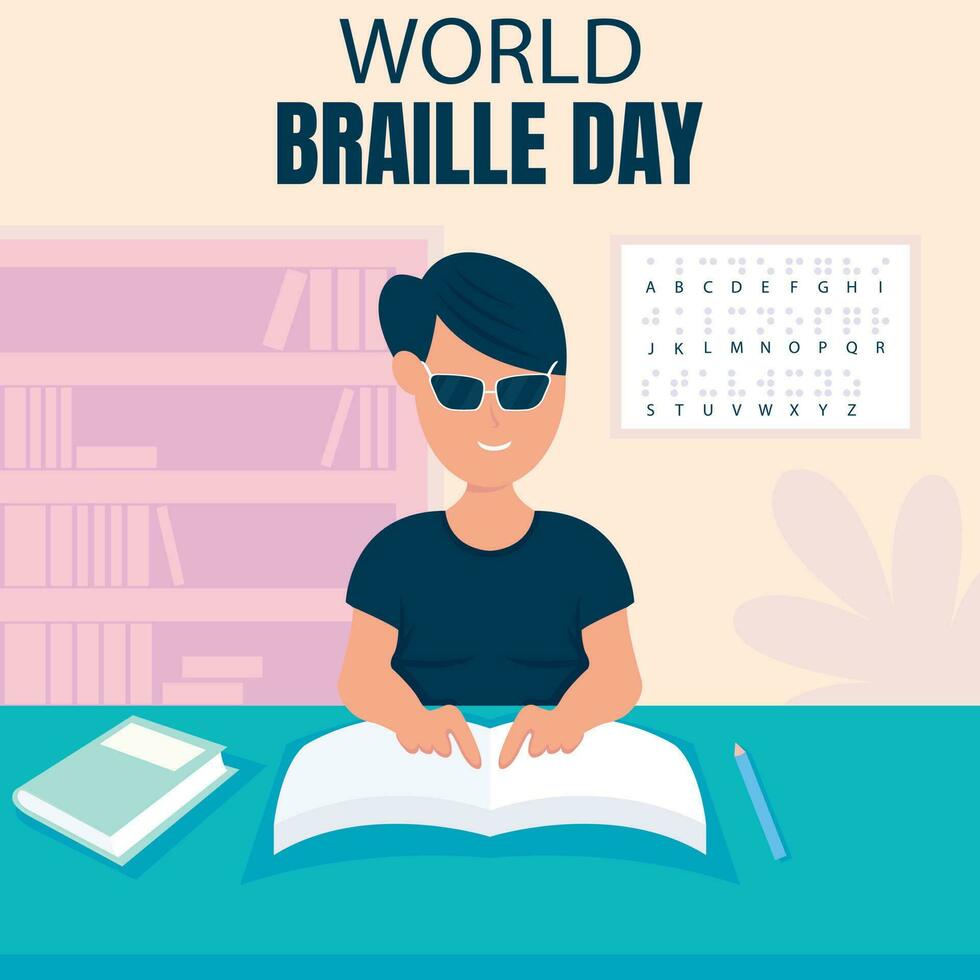 illustration vector graphic of a blind person is learning to read a book with a braille alphabet in the room, perfect for international day, world braille day, celebrate, greeting card, etc.