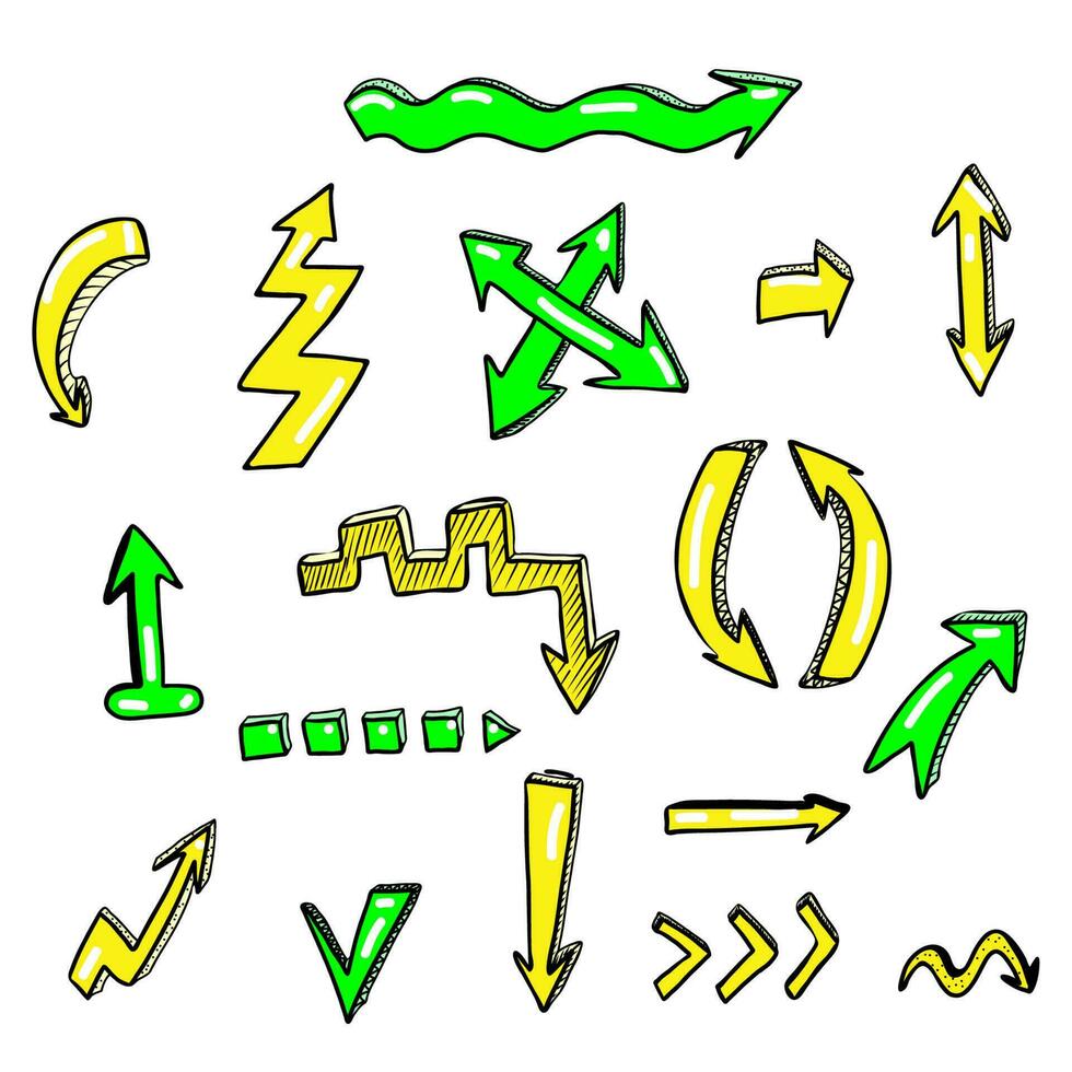 Vector hand drawn doodles neon green and yellow arrows  set.