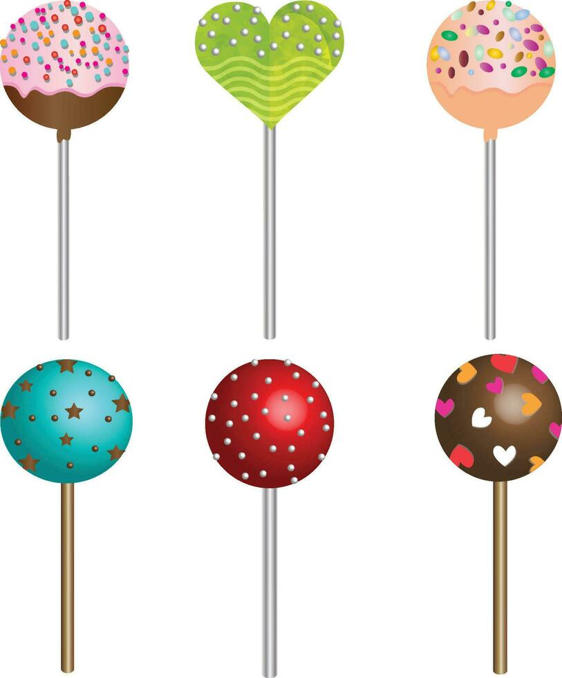 Colorful cake pops on stick with sprinkles, Lollipops set for events vector illustration