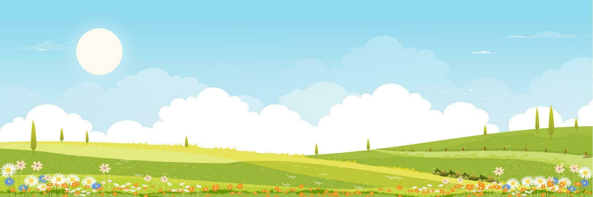 paisaje de campos verdes de primavera con fondo de montaña, cielo azul y nubes, panorama naturaleza rural pacífica en primavera con tierra de hierba verde. ilustración vectorial de dibujos animados para banner de primavera y verano vector