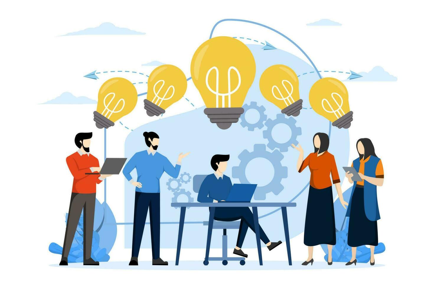 concepto de compartiendo y mirando para negocio ideas lluvia de ideas colaboración y reunión de creativo creativo personas con ligero bulbo idea. hallazgo un solución a un tarea, oficina trabajadores compartir ideas vector