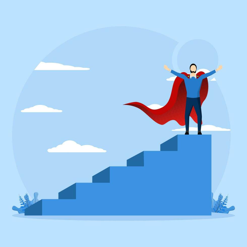 Winner and success concept, Businessman on top of ladder, Superhero man standing proudly on ladder with folded arms. flat design vector illustration on blue background.