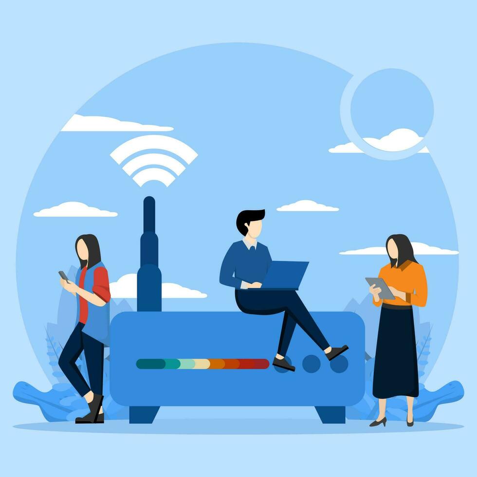 internet connection using concept, people characters with wifi router, Men and women in casual clothes using internet connection. Flat design vector illustration on blue background.