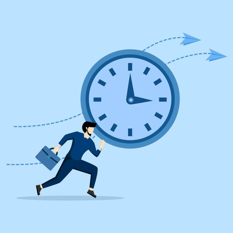 time management concept, discipline, deadline time, Businessman running ahead of the clock, Deadline business and efficient concept. Flat vector illustration on blue background.