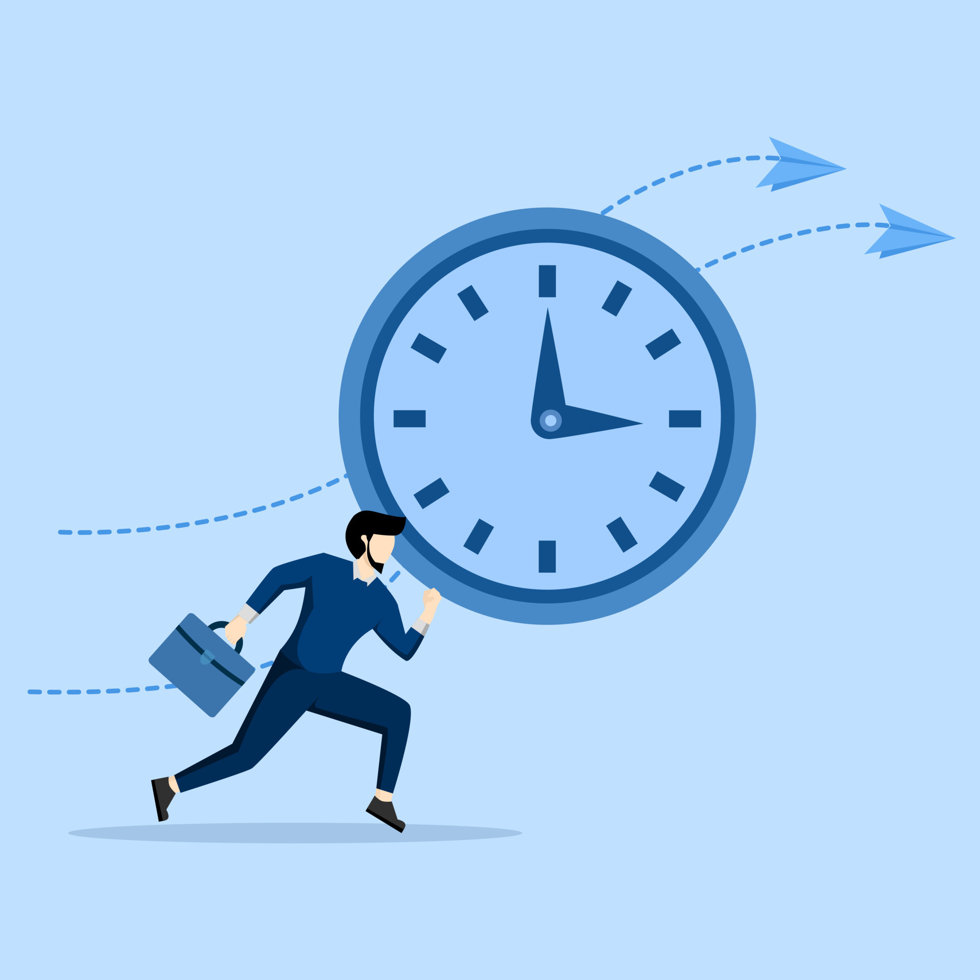 Time control concept, organization of process, businessman standing at wall  with clock adjusts time 5977298 Vector Art at Vecteezy