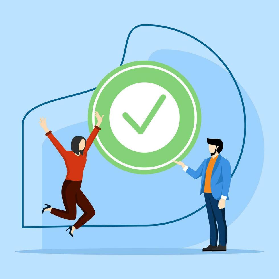 happy businessman celebrating completed check mark after completing responsible project, complete task, complete project achievement or checklist, success or achievement checkbox, finish job. vector