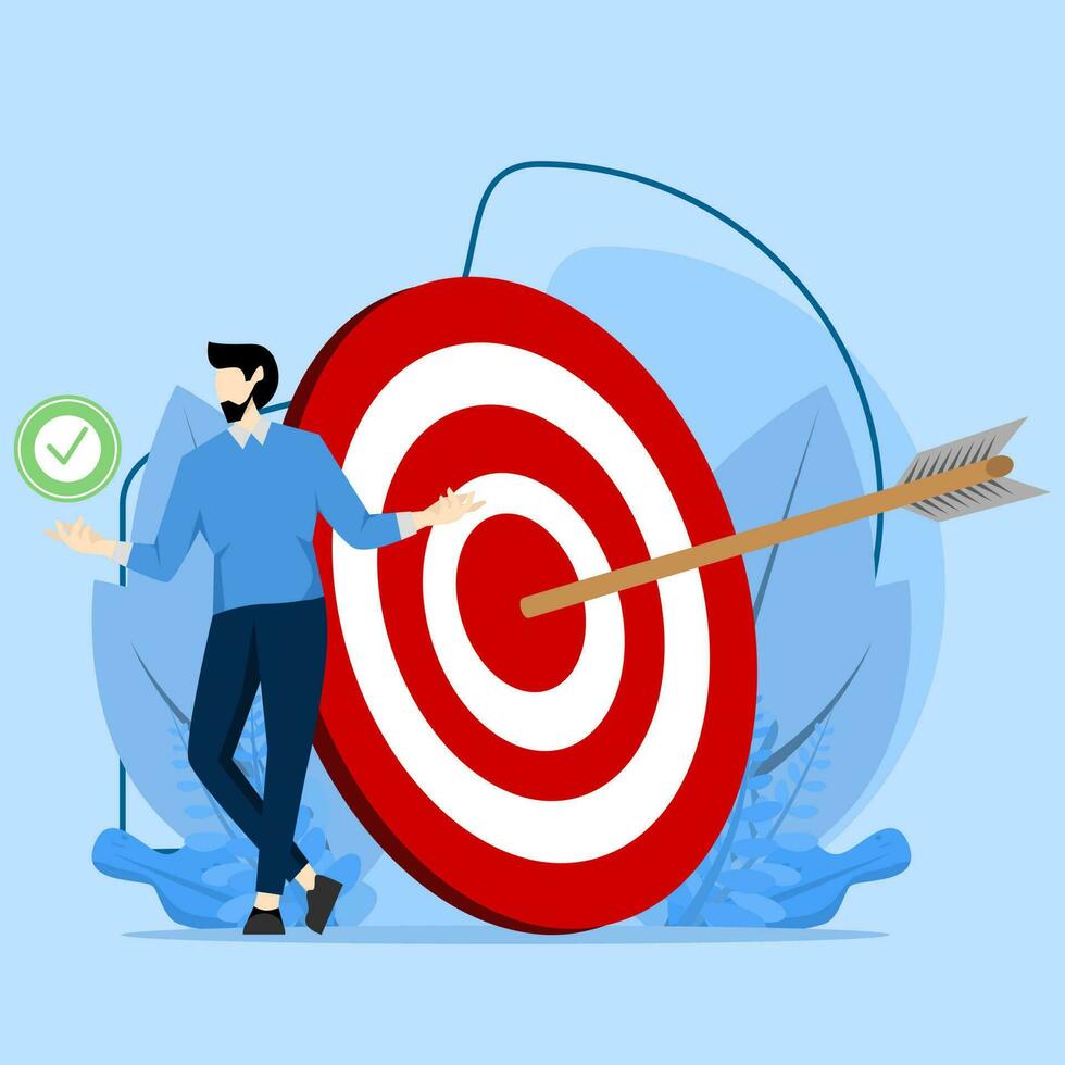 concept Business goals, goals or targets, goals and resolutions to achieve success, aspirations and motivation to achieve goals, confident businessman standing with arrows on target on archery targets vector