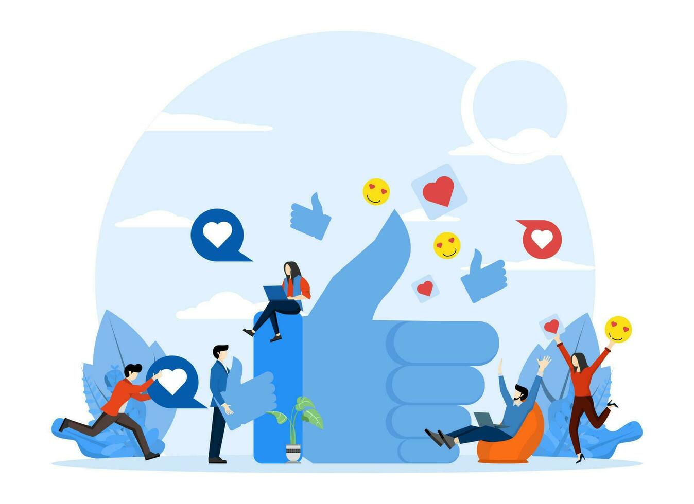 People With Social Media Icons Standing Around Big Thumb Up. Male and female followers giving likes on social media. Customer Review Rating. Internet Marketing, SMM in Business. Vector illustration.