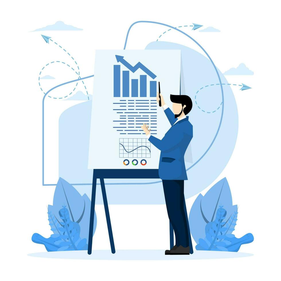 Creative business concept. Confident young man standing near flip chart and pointing at charts and diagrams. Office interiors. Modern vector illustration. Flat design.