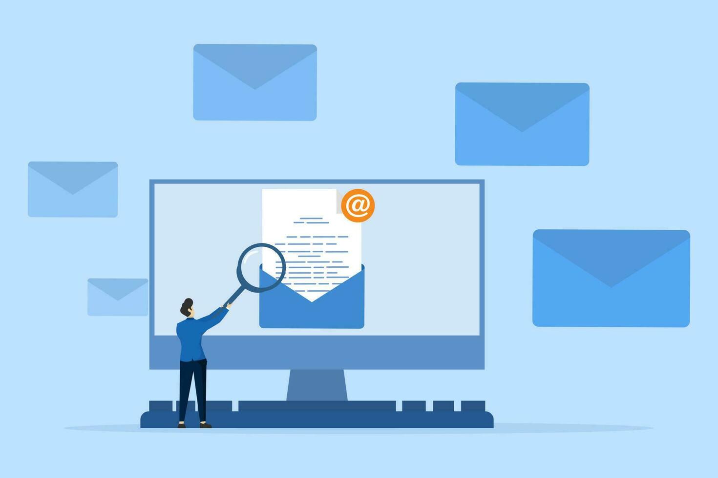 illustration concept Open email. Receive notifications on your computer screen about new emails. Documents are enclosed in an envelope. Email marketing creative flat vector. vector