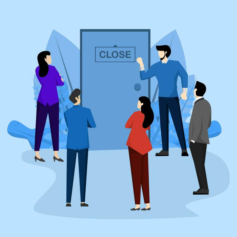 Concept of businessman standing in front of closed door with Closed sign. Problems, confusion, questions. Flat vector illustration on blue background.