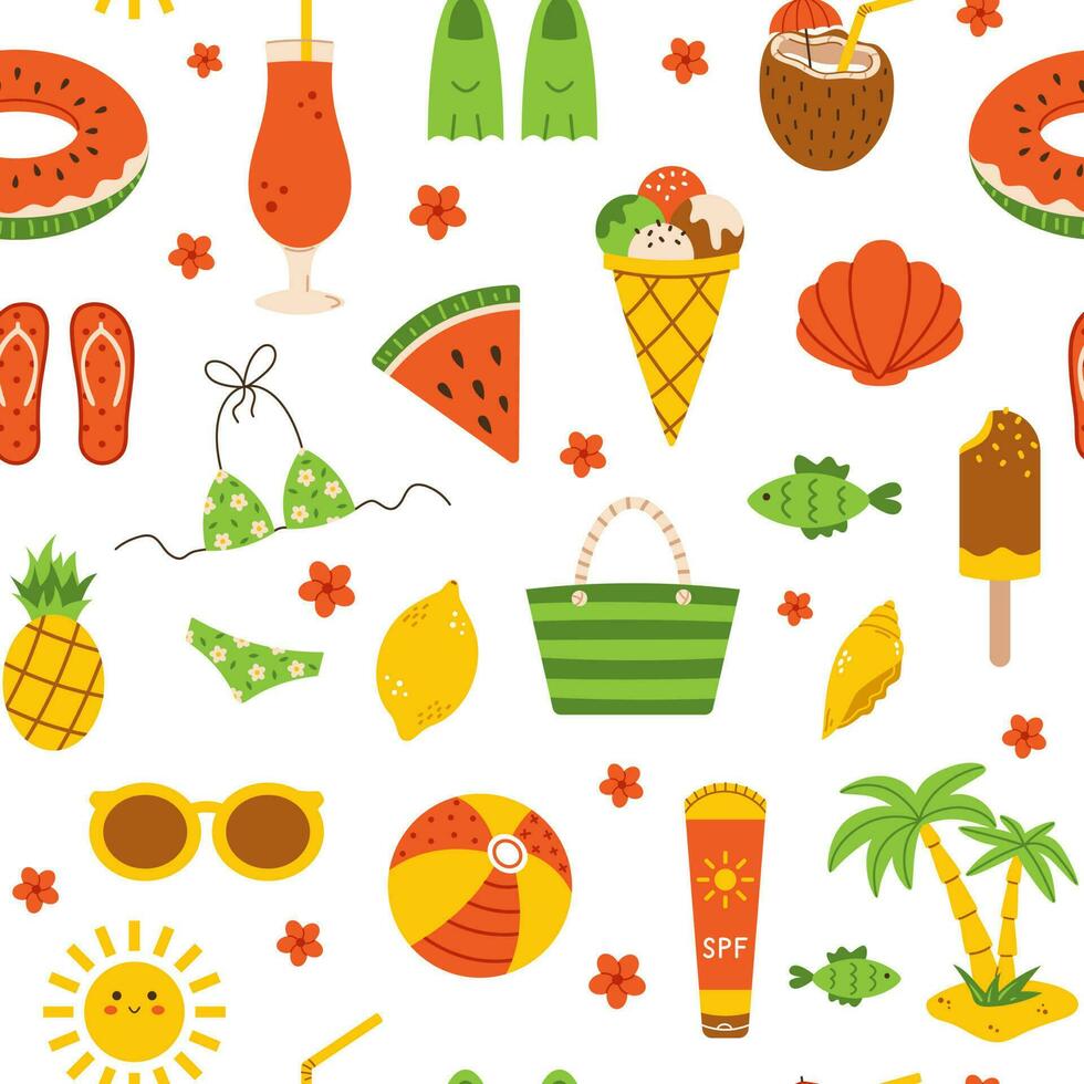 Vector summer seamless pattern in flat design. Background with beach holiday elements. Pattern with palm tree, ice cream, watermelon, pineapple. Summer vacation.