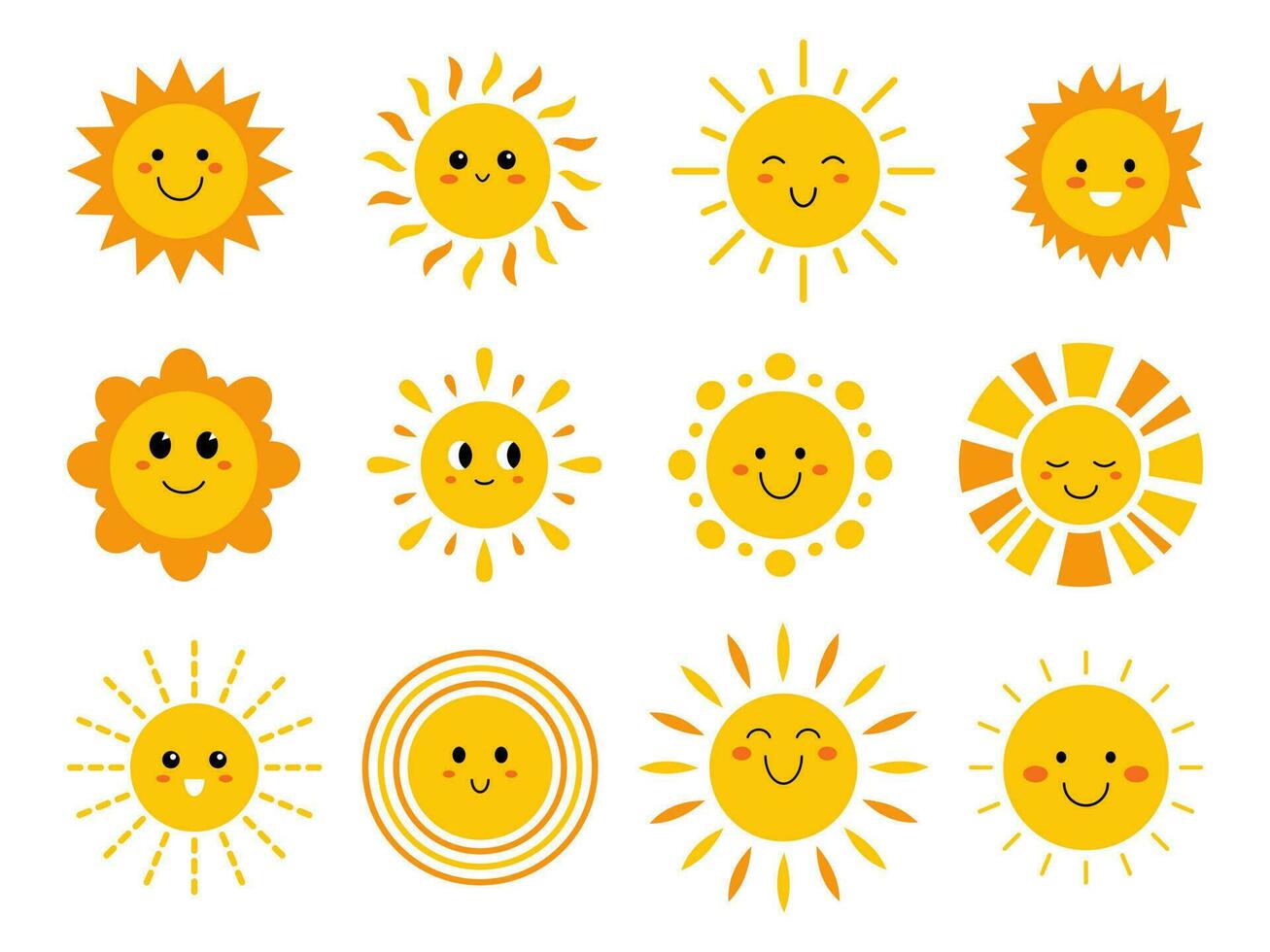 Vector set of funny suns with faces. Cute summer sunshine emoji. Collection of yellow childish sunny emoticons. Smiling baby sun with sunbeams.