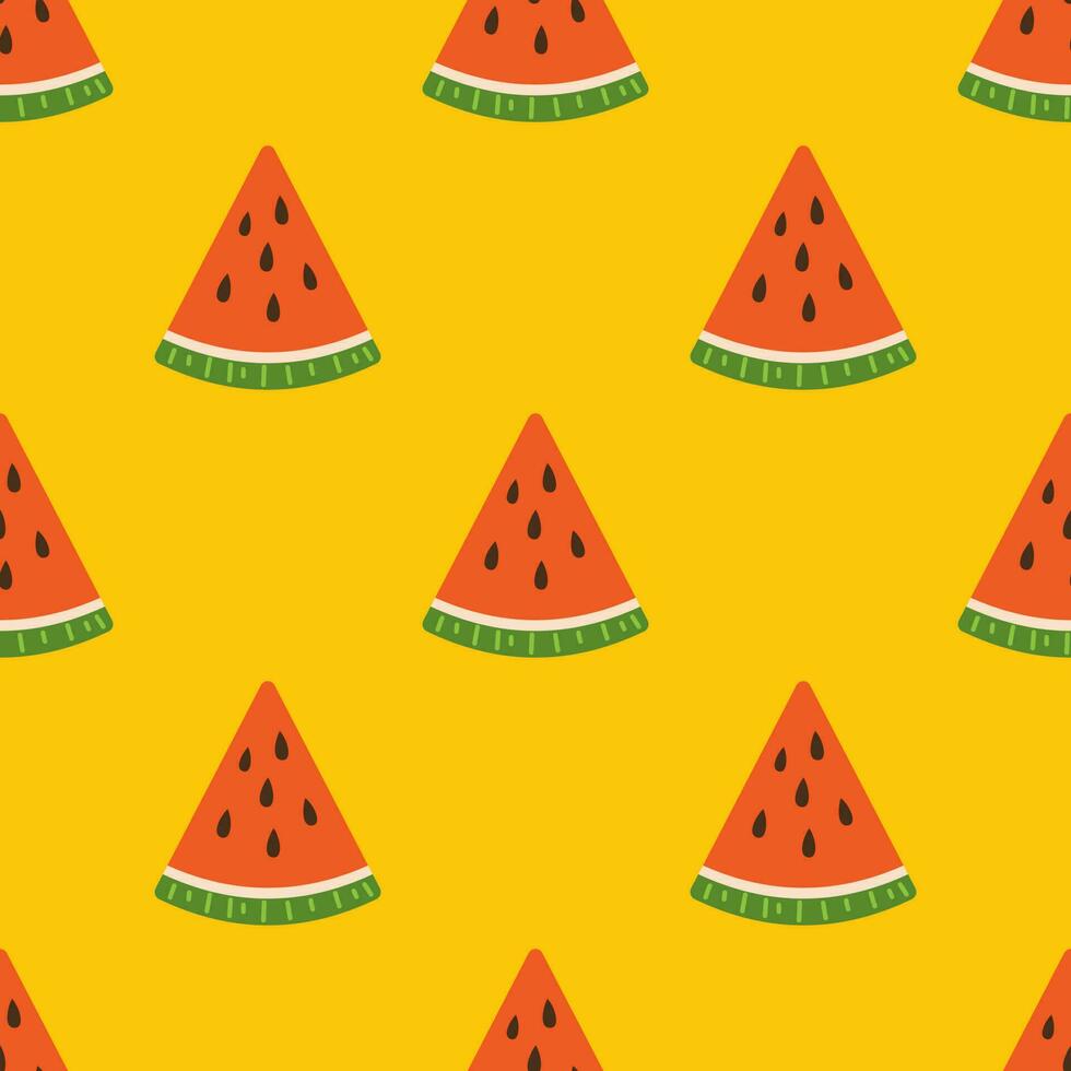 Vector seamless pattern with watermelon slices. Slices of fresh watermelon on yellow background. Summer backdrop with fresh juicy watermelons. Botanical pattern with tropical fruits or berries.