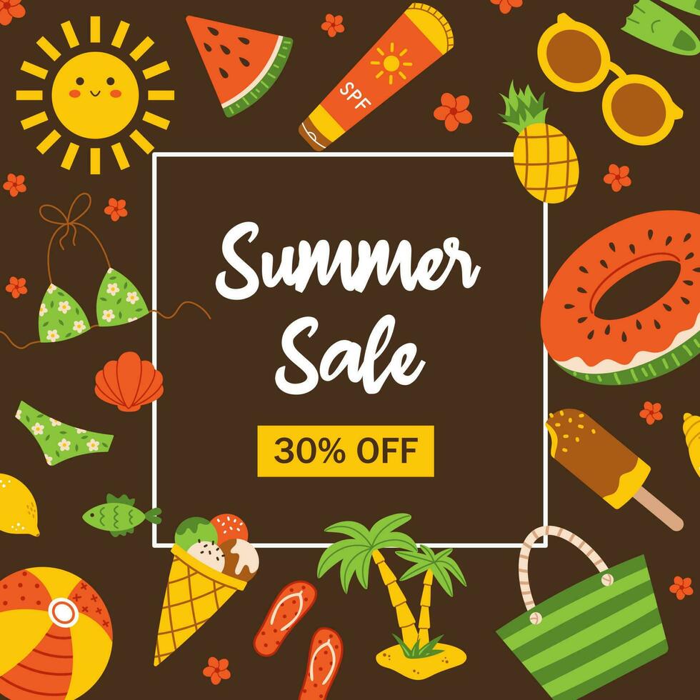 Hot summer sale. Invitation for shopping with 30 percent off. Beach sale. Dark brown background. vector