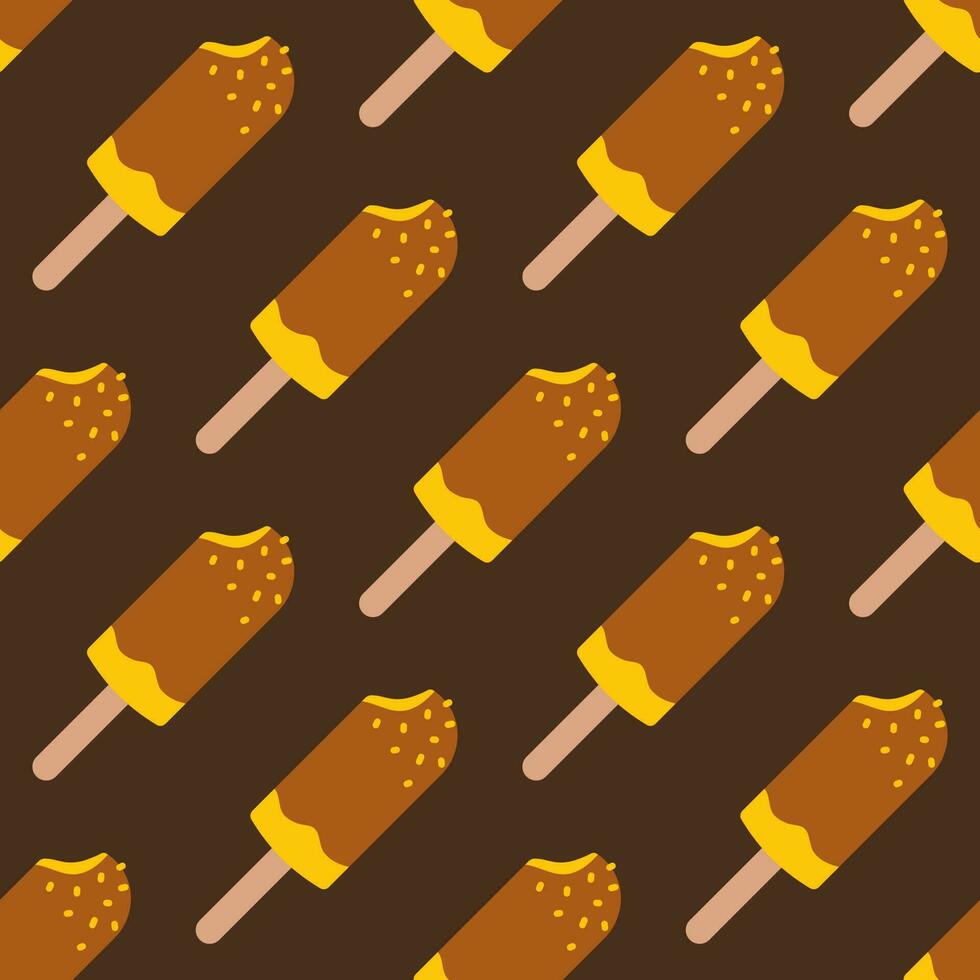 Vector seamless pattern with ice cream on stick. Ice cream on chocolate glaze on dark brown background. Pattern with eskimo pie in flat design.