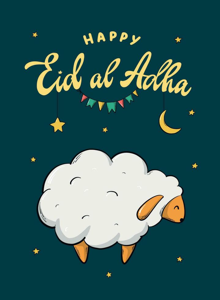 Happy Eid al Adha lettering quote decorated with hand drawn sheep for greeting cards, posters, prints, invitations, etc. EPS 10 vector
