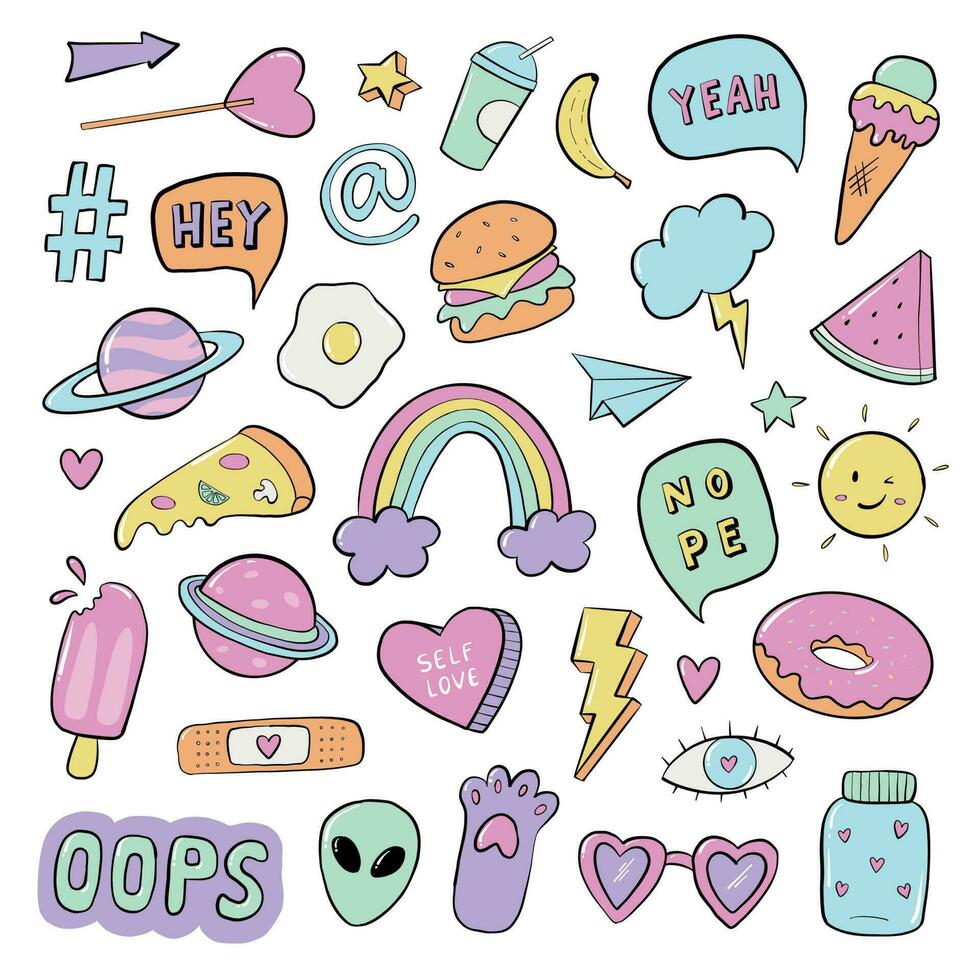 set of cute hand drawn retro doodles, clip art, cartoon stickers, etc. Good for prints, cards, planners, sublimation, signs, icons, etc. EPS 10 vector