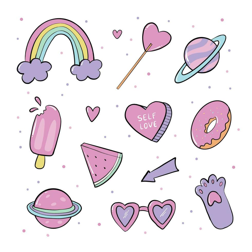 set of girlish isolated doodles, cartoon stickers, clip art for prints, cards, badges, icons, sublimation, planners, scrapbooking, stationary, etc. EPS 10 vector