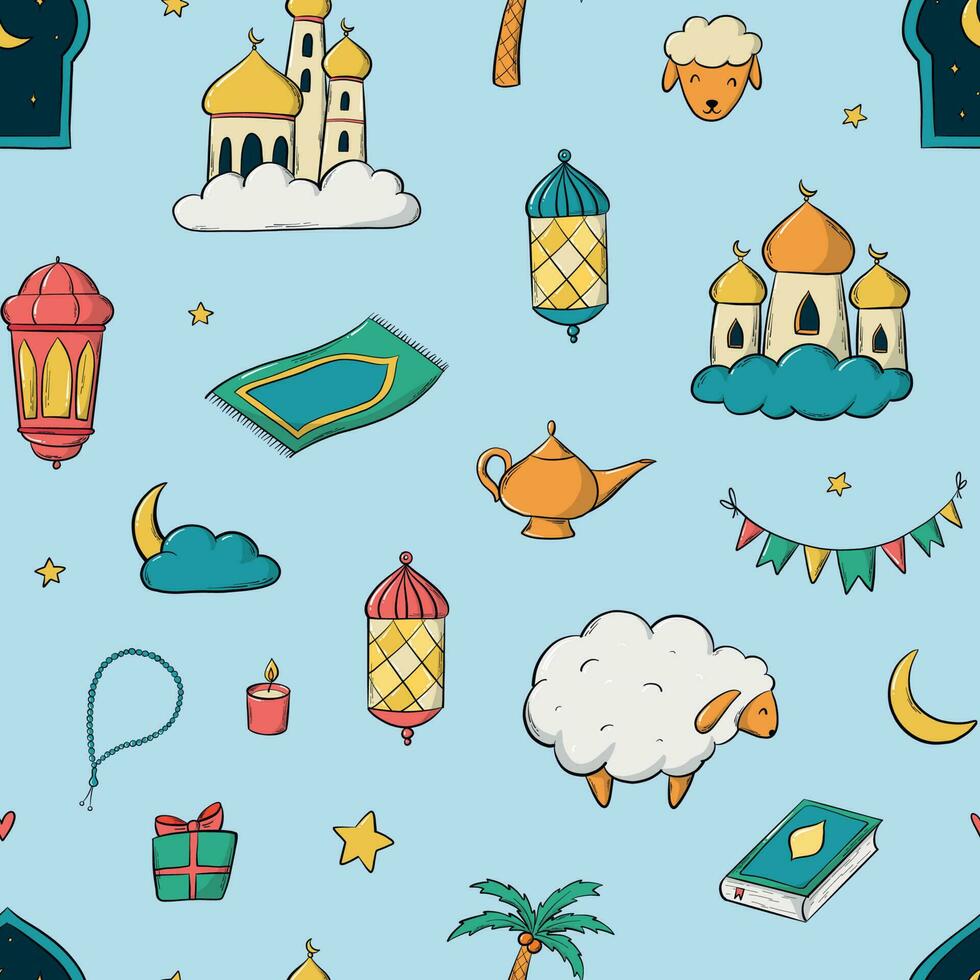Islamic Eid al Adha - feast of sacrifice seamless pattern with doodles, clip art for wallpaper, backgrounds, prints, textile, scrapbooking, stationary, packaging, wrapping paper, etc. EPS 10 vector