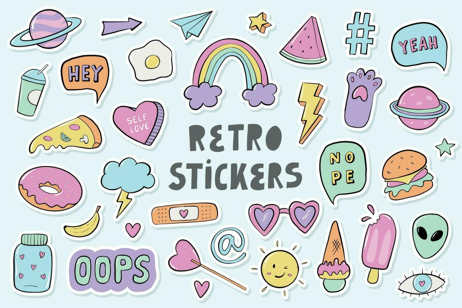 set of cute retro stickers, hand drawn crtoon elements, doodles with white edge. Good for planners, scrapbooking, prints, sublimation, stationary, etc. EPS 10 vector