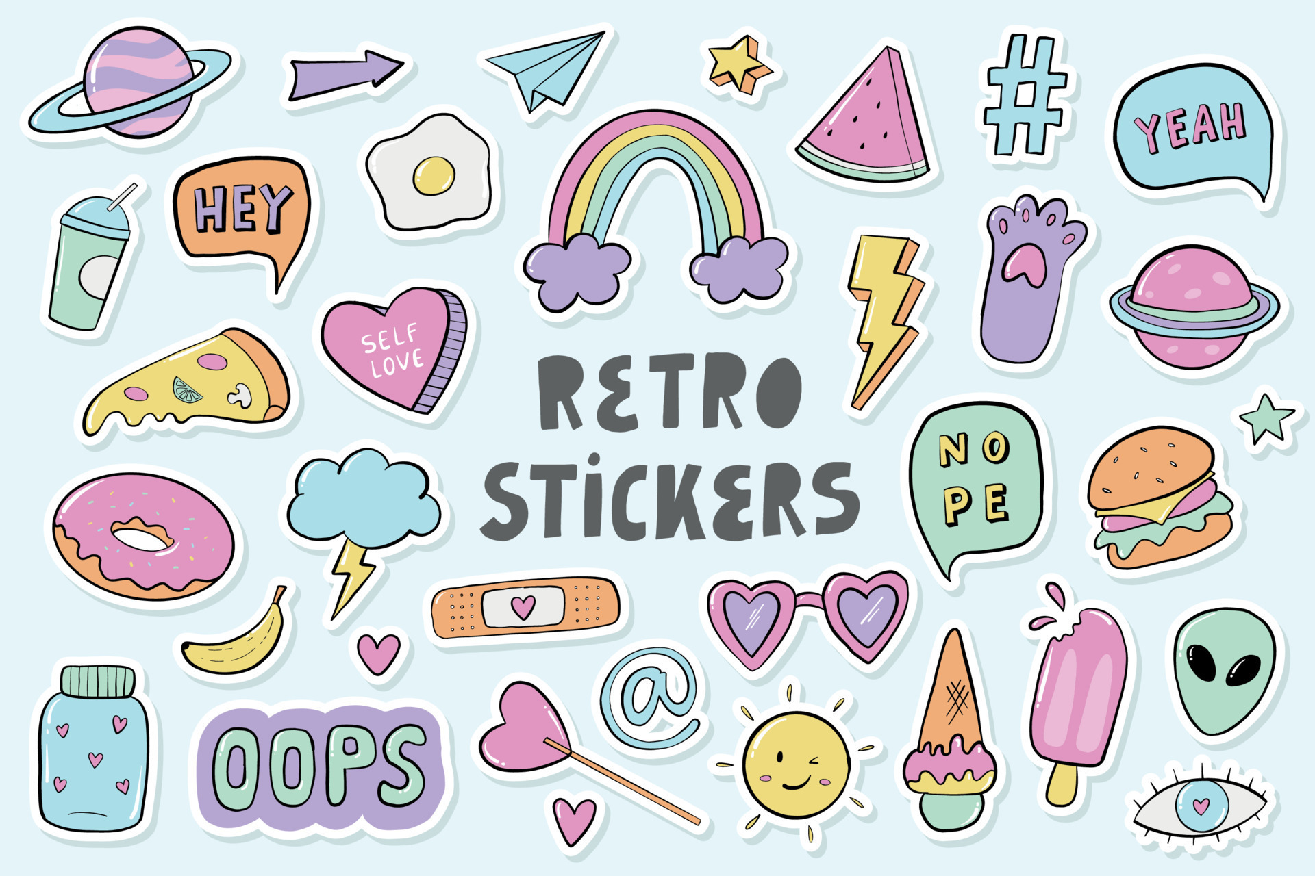 90s retro vintage teen style stickers set. Vector cartoon doodle