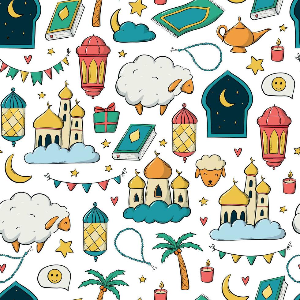 islamic seamless pattern with doodles for Eid al Adha, Feast of Sacrifice. Good for wallpaper, scrapbooking, stationary, textile prints, wrapping paper, etc. EPS 10 vector