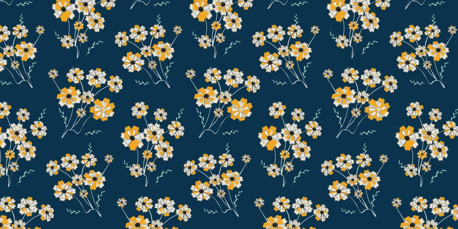 hermosa flor sin costura modelo. amarillo flor en azul antecedentes. traje para mujer vestido. prima floral impresión. encontrar llenar modelo en muestras vector