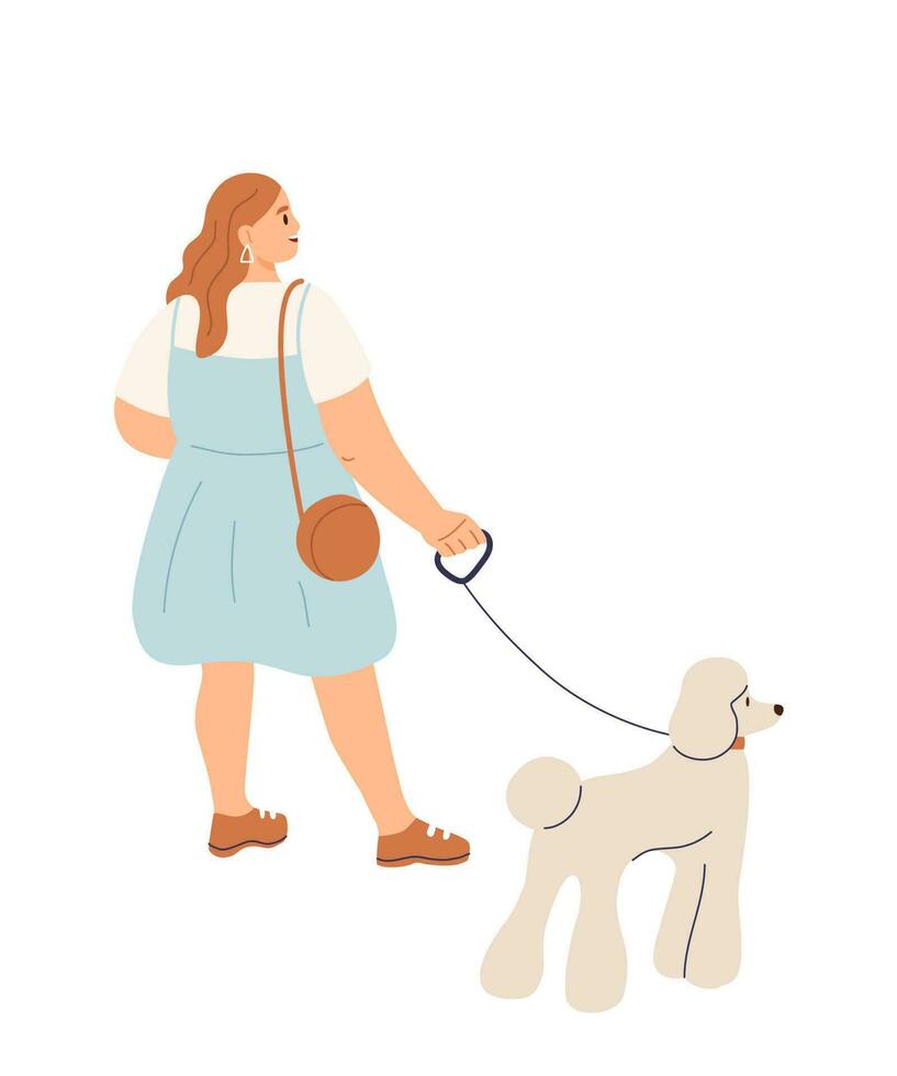 Female character walking with dog. Human and pet concept. Flat vector illustration.