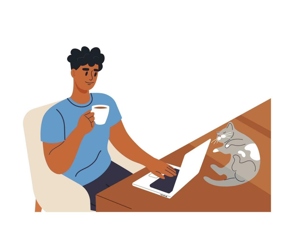 Man drinks coffee and works on a laptop, cat lies on the table nearby. Concept of Pet Friendly Cafe. Flat vector illustration.