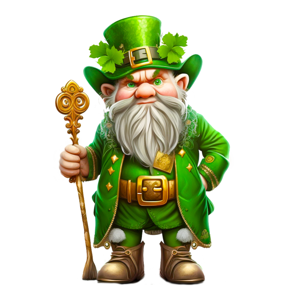 Cartoon leprechaun waving hand with holding a stick png