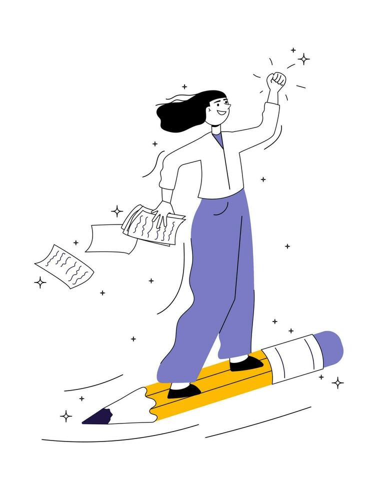 mujer personaje volador en grande lápiz vector ilustración