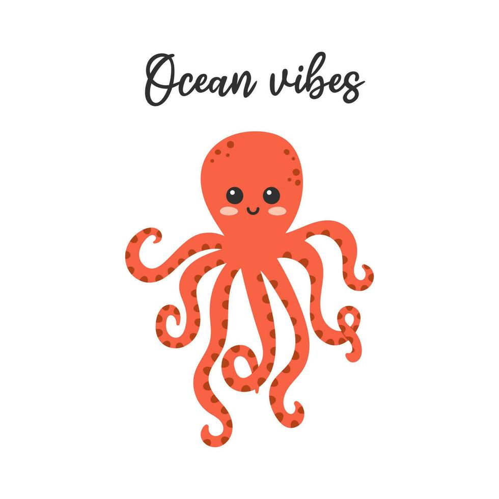 Cute kawaii octopus character. Ocean vibes lettering phrase. Hand drawn cartoon vector illustration.