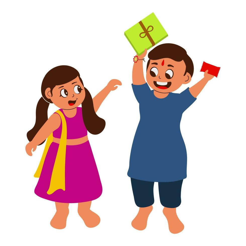 Cheerful Girl Trying To Snatch Gift Box With Envelope From Boy On White Background. vector