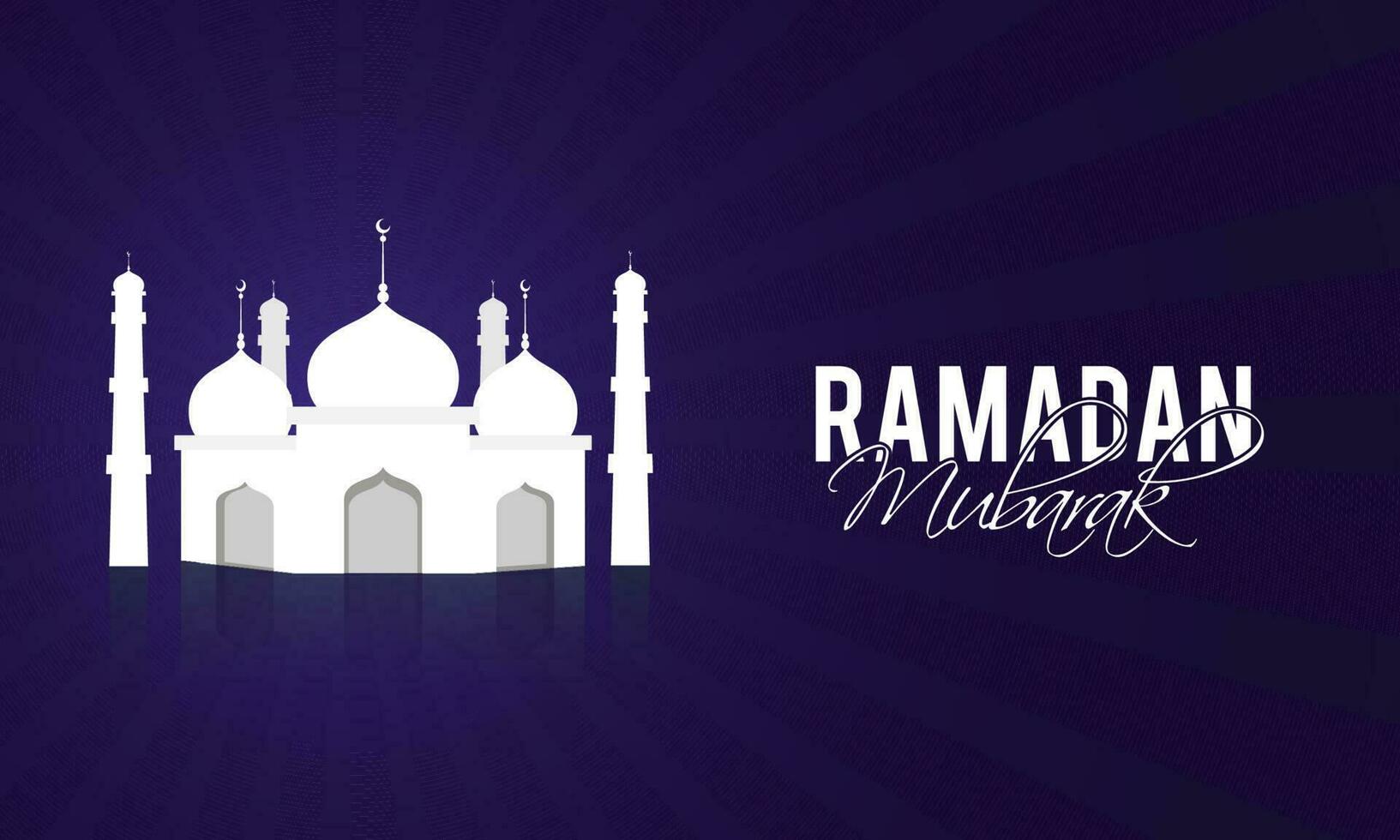 Ramadan Mubarak Banner Design With White Mosque On Blue Rays Background. vector